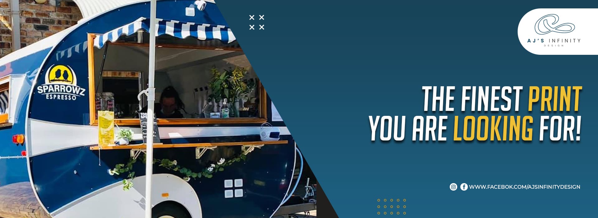 Custom logo printing on business vehicles and storefronts by Aj’s Infinity – perfect for mobile cafes, trailers, retail signage, and brand visibility