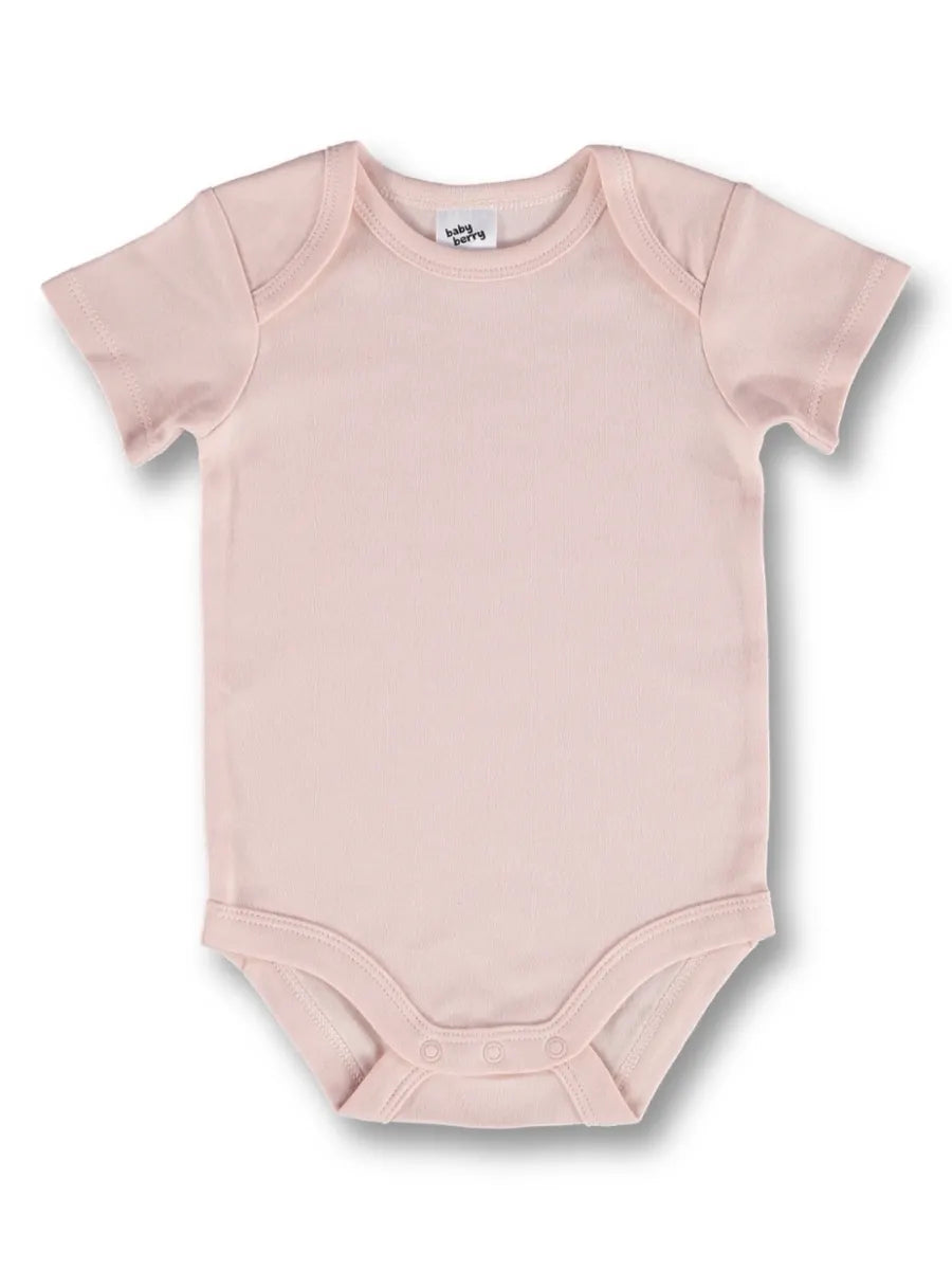 Soft blush pink baby bodysuit, plain short-sleeve cotton infant onesie perfect for custom printing or everyday essentials, gender-neutral design with envelope neckline and bottom snaps by AJ's Infinity Design