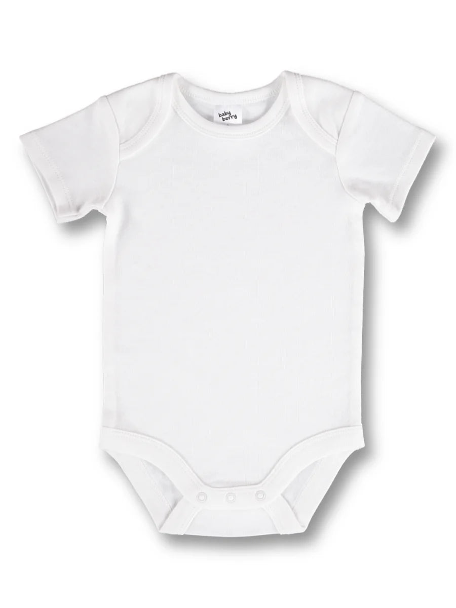Classic white baby bodysuit, 100% cotton short-sleeve infant onesie ideal for custom printing and personalization, versatile unisex design with comfortable envelope neckline and durable three-snap closure by AJ's Infinity Design