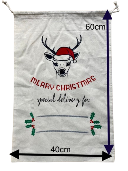 Personalized white canvas Santa sack with custom reindeer wearing Santa hat design, 'MERRY CHRISTMAS special delivery for' custom print, holly decoration and name space, reusable 40cm x 60cm Christmas gift bag with drawstring by AJ's Infinity Design