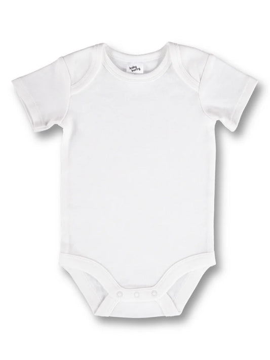 Classic white baby bodysuit, 100% cotton short-sleeve infant onesie ideal for custom printing and personalization, versatile unisex design with comfortable envelope neckline and durable three-snap closure by AJ's Infinity Design